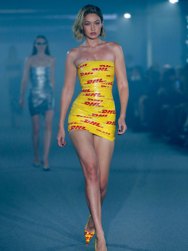 The Viral photo of Gigi Hadid wearing a dress made of DHL tape – Okeyworld