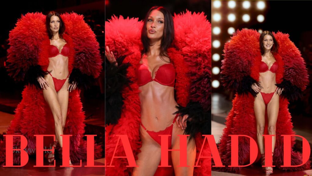 Bella Hadid seen in Fiery Red Lace red dress at Victoria's Secret Fashion Show 2024 - Okeyworld