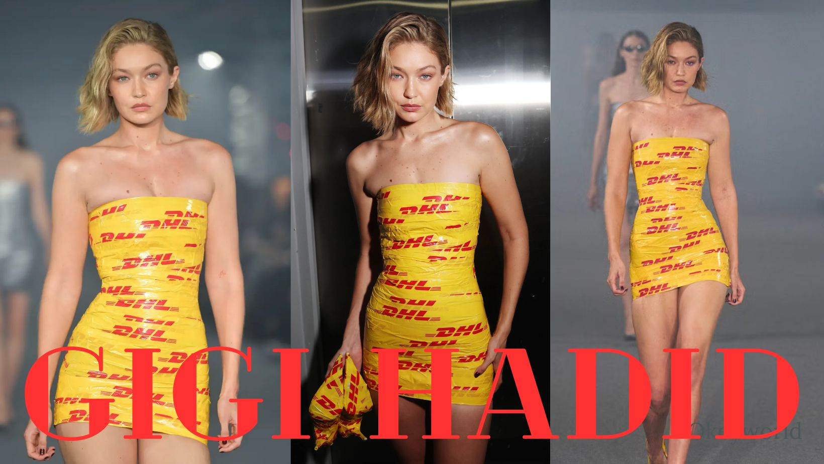 The Viral photo of Gigi Hadid wearing a dress made of DHL tape - OkeyWorld